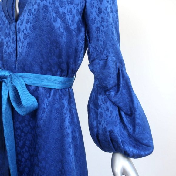 HELLESSY RUFFLE SLEEVE MIDI DRESS HELGA COBALT FLORAL SATIN JACQUARD SIZE 4 - Picture 5 of 9